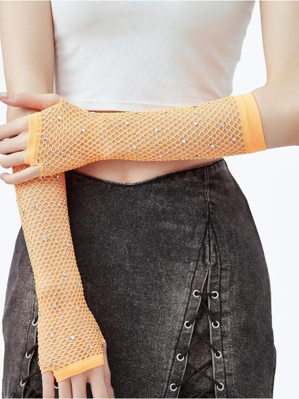 Women's Orange Rhinestone Fishnet Fingerless Gloves 80s Emo Scene Arm Cuffs